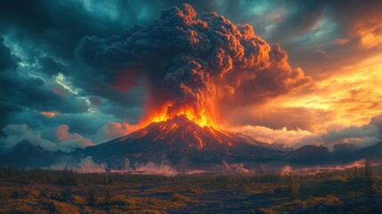 Volcanic eruption with fiery lava and dark ash clouds against a dramatic mountain backdrop. Generative AI