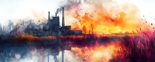 Fototapeta premium Factory Pollution Sunset River