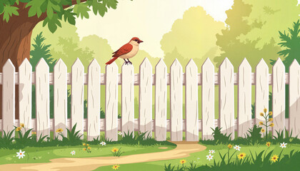 Charming backyard bird perched on white picket fence, rural serenity