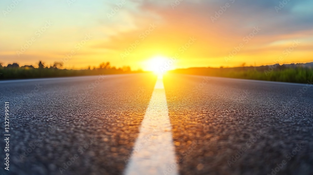 Poster open road stretching towards a vibrant sunset in the distance creating a sense of freedom and advent