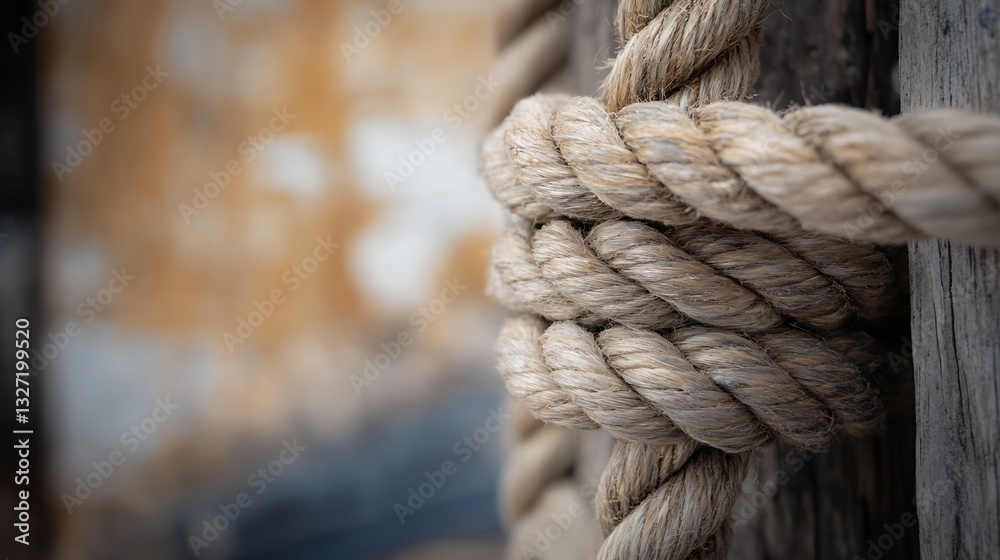 Poster closeup of thick natural rope knotted around a rustic wooden post displaying craftsmanship : generat