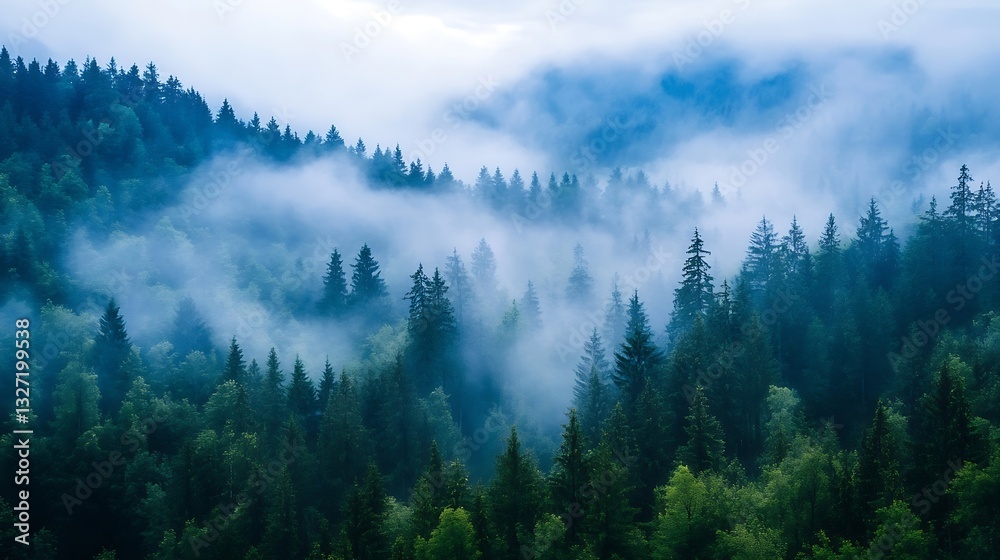 Poster mysterious foggy forest with tall trees and lush greenery shrouded in mist : generative ai