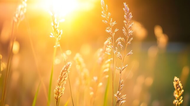 Golden sunlight illuminating tall grass during a beautiful summer evening : Generative AI