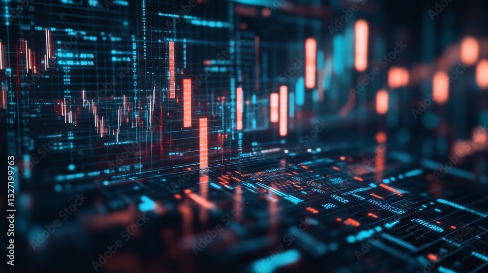 Aufkleber Digital financial graphs and line charts overlaid on a futuristic background, representing data analysis and business growth trends.