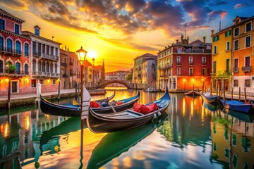 Fototapeta premium Venice Gondolas Canal Low Light Photography, Sunny Day, Colorful Buildings, Construction Crane