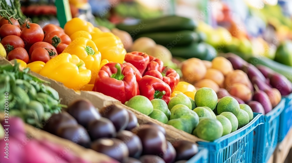 Poster vibrant display of fresh vegetables at a local market with colorful produce for sale : generative ai