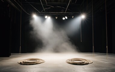 Obraz premium Empty stage with dramatic lighting, two golden circular objects on the floor, and subtle smoke or dust particles in the air. Dark background and spotlights create a mysterious atmosphere