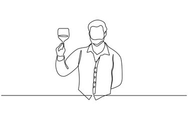 Continuous line drawing of waiters man holding order glass wine on the tray for customer, Waiter stood up with celebrate gesture and brought tray of drinking glasses to offer restaurant guests.