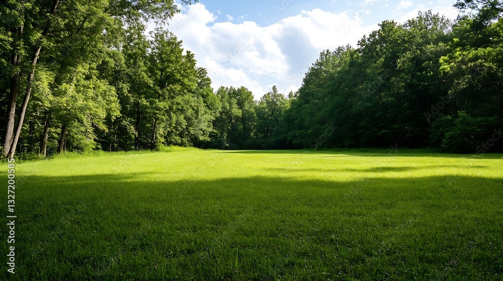 Aufkleber lush green meadow surrounded by dense trees in a serene and tranquil environment : generative ai