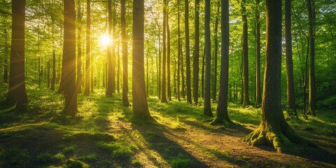 Obraz premium Sunlight Streaming Through Trees in Lush Green Forest