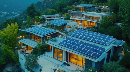 Solar-powered residential buildings with high-performance insulation and rainwater harvesting systems.