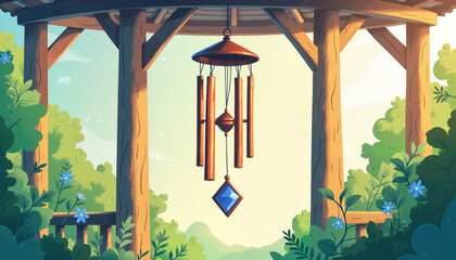Copper wind chimes swaying in a garden gazebo, serene ambiance