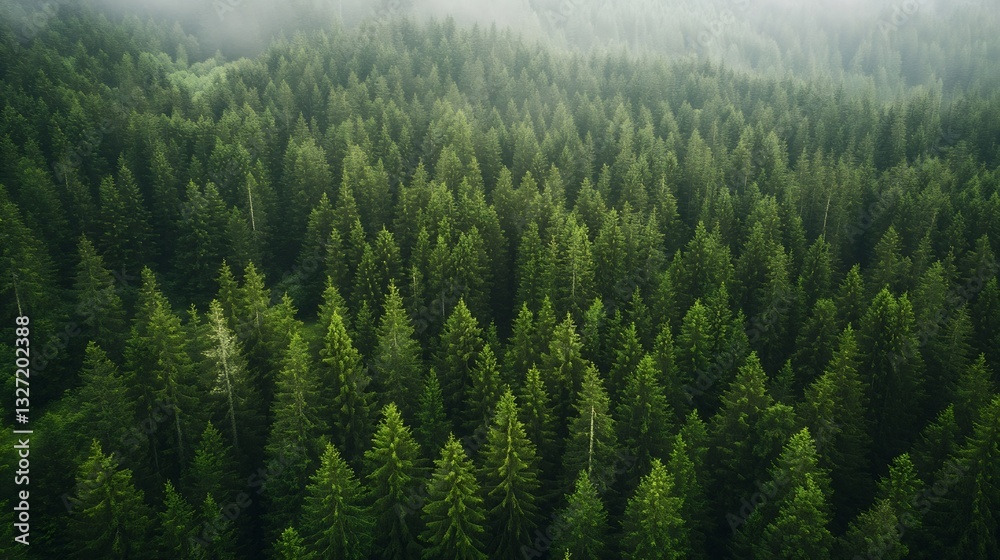 Poster Aerial view of a dense forest full of evergreen trees surrounded by mist creating a magical scene : Generative AI