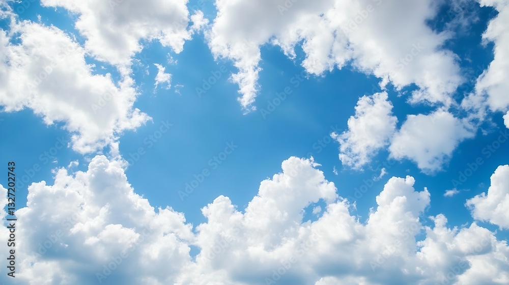 Poster bright blue sky with fluffy white clouds illuminated by sunlight in an open air scene : generative a