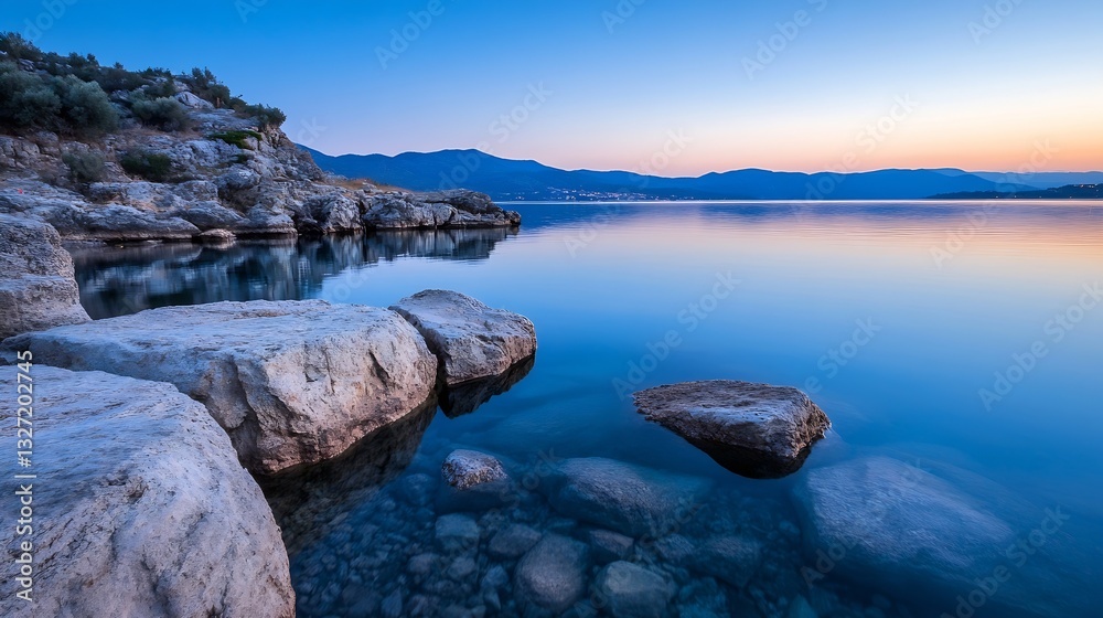 Poster peaceful lakeside view at dusk displaying smooth waters and rugged stones against a colorful sky : g