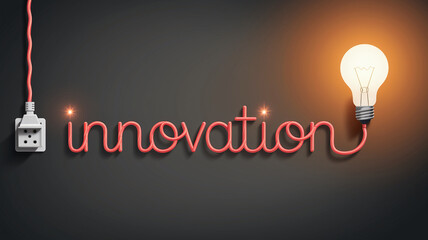 Red cord forming "Innovation" word, connected to lit bulb, on dark background Free space below for text Mockup concept symbolizes new ideas, progress, creativity