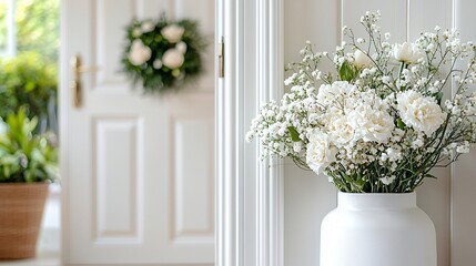 Fototapeta premium Elegant White Flowers in Simple Vase with Soft Background and Open Doorway in Bright Interior Space