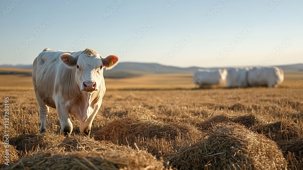 Poster calm rural scene featuring a grazing cow in a field with bales of hay in the background : generative