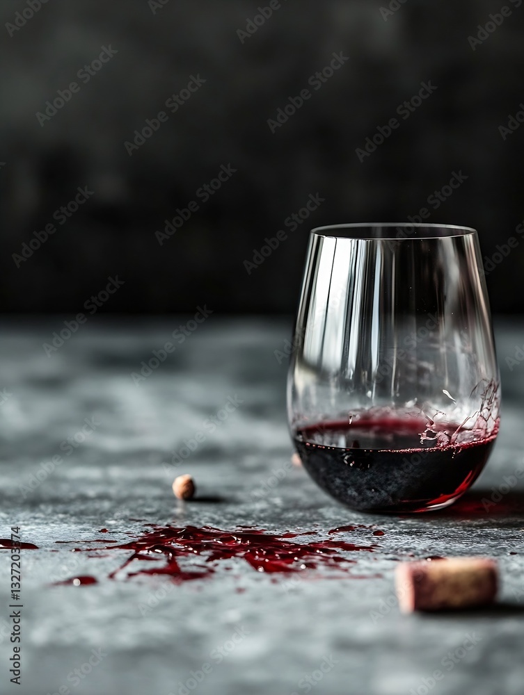 Poster Elegant Wine Glass with Spilled Red Wine on a Dark Surface Exuding Sophistication and Classy Vibes : Generative AI
