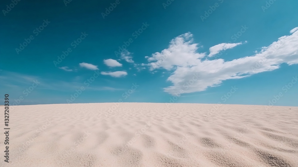 Poster vast sandy desert landscape under a brilliant blue sky with scattered clouds creating an open and ai