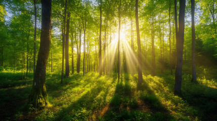 Obraz premium Sunlight Rays Illuminating Green Forest with Tall Trees