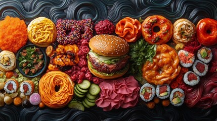 Whimsical Food Collage Featuring Donuts Burgers Sushi and More in a Vibrant Arrangement. Generative AI