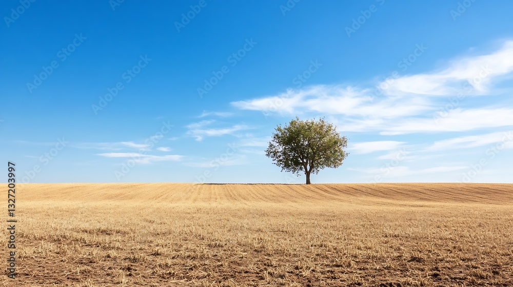 Poster lone tree standing on golden field under bright blue sky with fluffy clouds in a serene landscape : 
