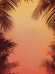 Serene Palm Fronds Silhouette at Sunset, Evoking Tropical Paradise, Ideal for Summer Vacation Designs, Travel Brochures, and Tropical-Themed Projects