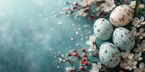 Fototapeta premium Decorative Easter eggs resting among spring blossoms on a soft blue background enhancing the festive atmosphere