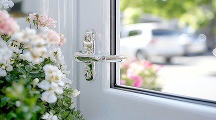 Fototapeta premium Beautiful Floral Arrangement Near Open Window with Modern Handle and Soft Outdoor Background