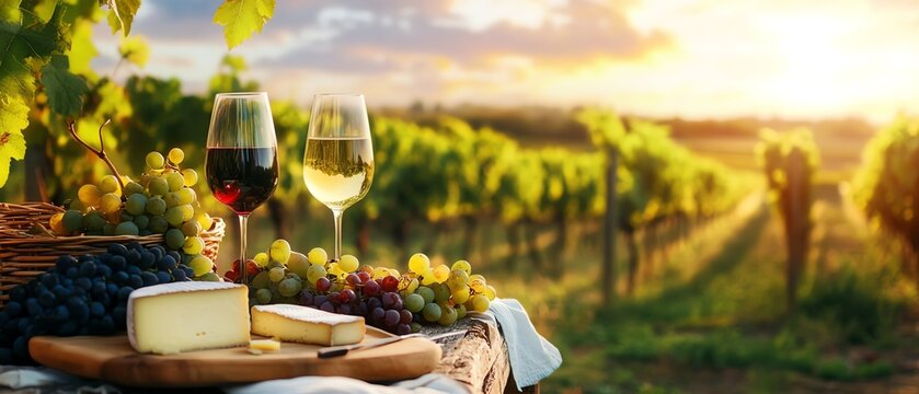 Wine and cheese in a sunny vineyard setting.