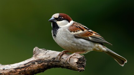 Eurasian Tree Sparrow perched on branch, blurred green background