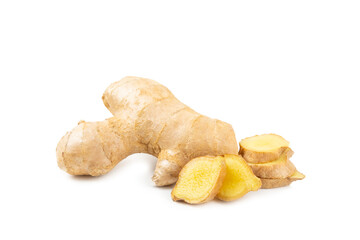 Fresh ginger and lemon isolated on white background. Sliced ​​ginger. Ginger root. Traditional alternative medicine, healing tea for immunity. Close-up.