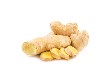 Fresh ginger and lemon isolated on white background. Sliced ​​ginger. Ginger root. Traditional...