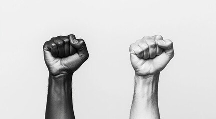 Black and white fists, a symbol of diversity and opposing forces fighting together on an isolated background.