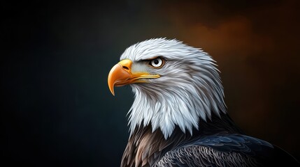 Obraz premium Portrait of a bald eagle with detailed feathers against a dark background, strong and regal composition