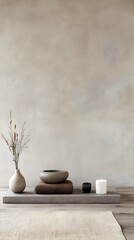 Warm and cozy yoga setting, Minimalist Yoga Setup with Earthy-Toned Props Against a Plain Beige Wall, organic yoga accessories concept.