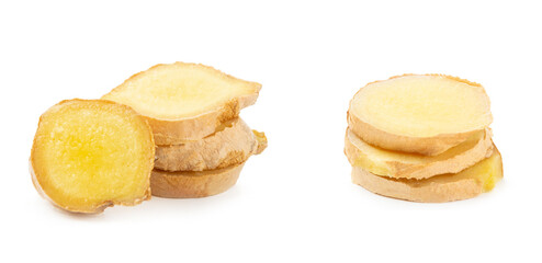 Fresh ginger and lemon isolated on white background. Sliced ​​ginger. Ginger root. Traditional alternative medicine, healing tea for immunity. Close-up.