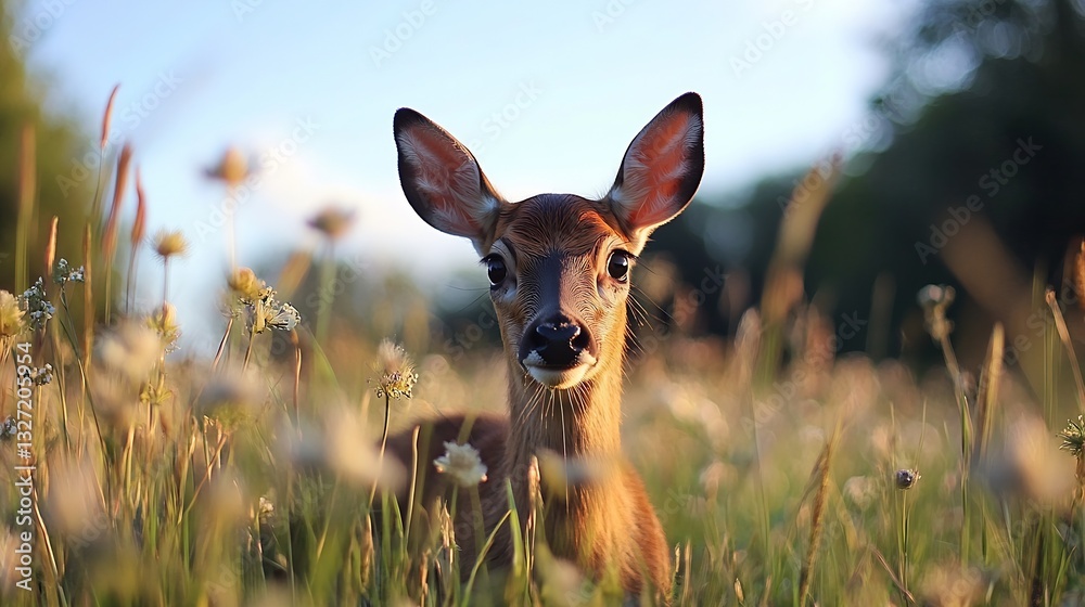 Poster innocent fawn curiously peeking through a field of flowers in soft light showcasing nature's charm a