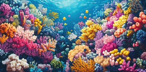 Fototapeta premium A vibrant painting depicting colorful coral reefs in the ocean