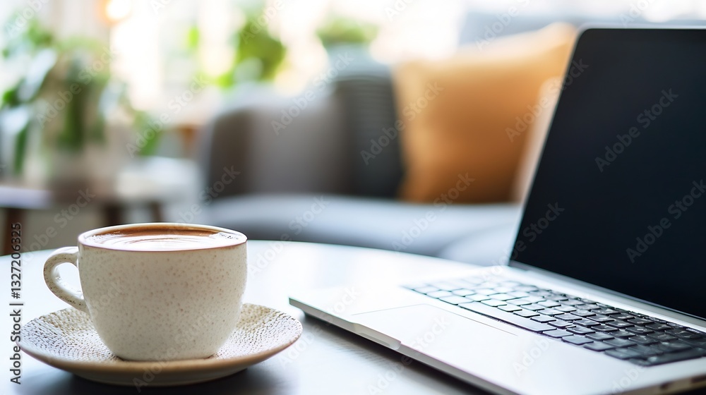 Poster close up of coffee cup on table next to laptop in cozy indoor setting with soft cushions : generativ