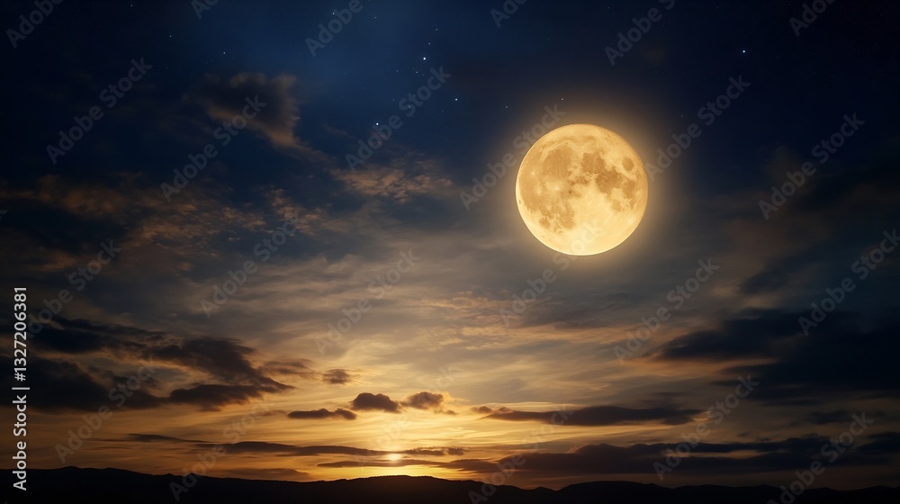 Poster magnificent night sky with a full moon glowing above a horizon filled with clouds and distant silhou