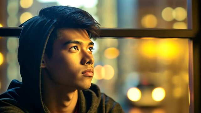 Nachdenklicher junger Mann mit Kapuze vor Lichtern