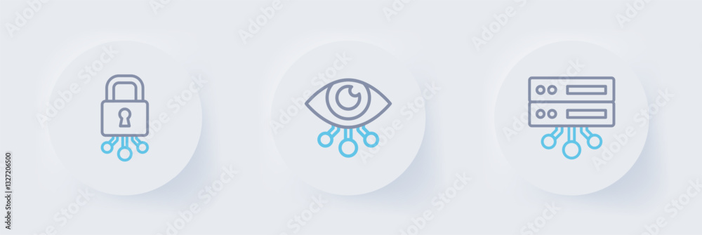 Poster set line server, data, web hosting, eye scan and cyber security icon. vector
