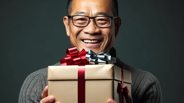 L&auml;chelnder Mann mit Geschenkbox in der Hand