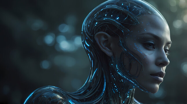 Futuristic Cyborg Portrait: High-Tech Artificial Intelligence with Glowing Metallic Skin