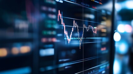 Close up of stock market data displayed on a digital screen with fluctuating graphs and charts : Generative AI