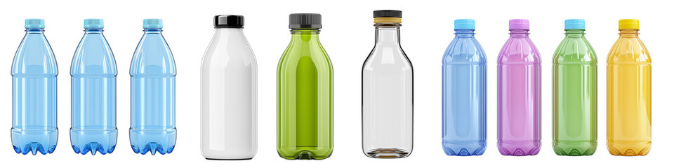 Colored bottles in various shapes and sizes lined up on a white background showcasing designs for packaging
