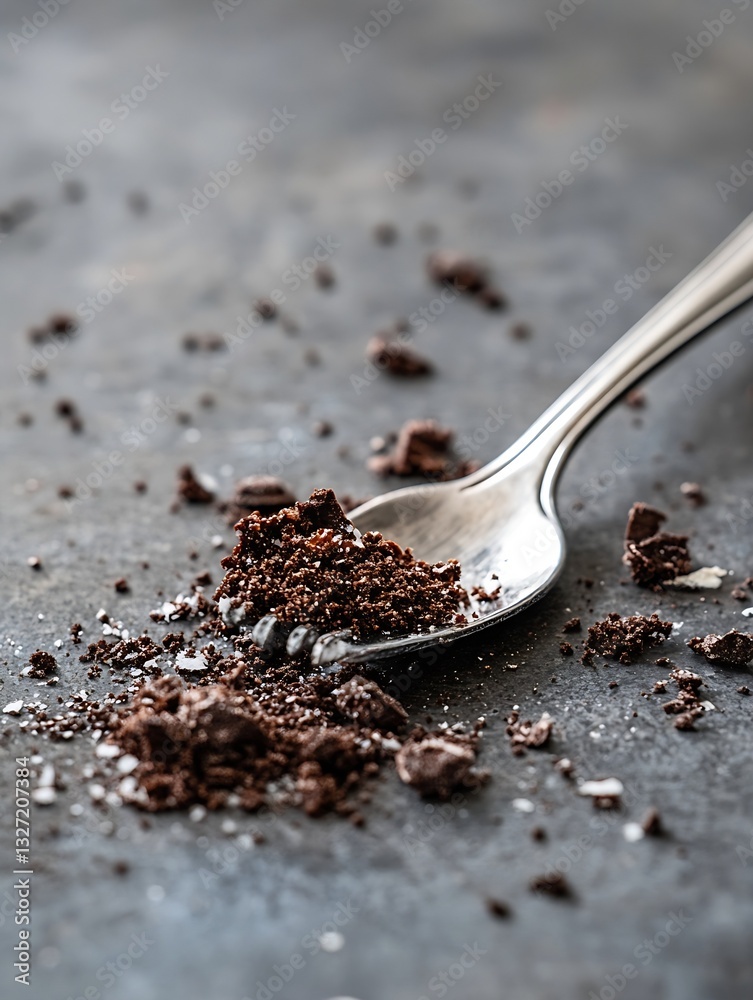 Aufkleber closeup view of rich brown coffee grounds scattered next to a silver spoon with an elegant design on