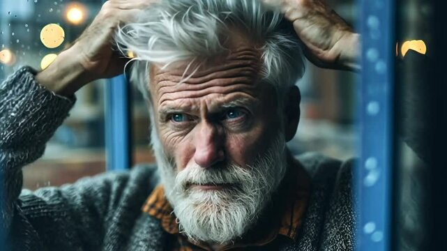 Wei&szlig;haariger Mann mit Bart fasst sich an den Kopf nachdenklich